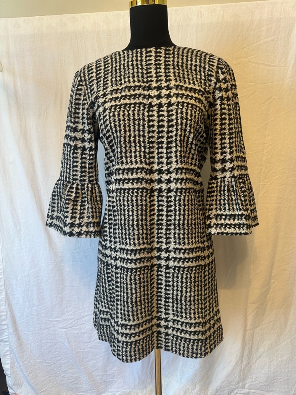 Zara Woman Houndstooth Dress Bell Sleeve Black White Shift Mini Size Large